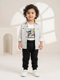 Boys White & Black Casual Shirt with Inner Tee & Trouser Set