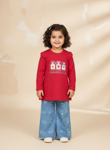 Girls Long Sleeve Top & Baggy Denim Pants 2 Piece Set