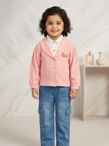 Girls Textured Jacket, Collared Inner Top & Denim Cargo Pants 3 Piece Outfit