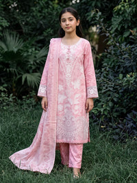 Girls Pink Floral Embroidered Kurta Trouser & Dupatta 3 Piece