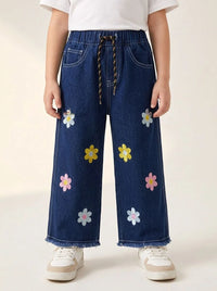 Girls Flower Printed Baggy Denim Jeans with Drawstring Waist