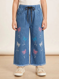 Girls Butterfly Design Baggy Denim Jeans with Drawstring Waist