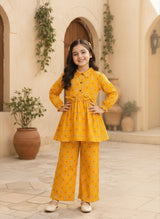 Sunehri Aangan – Mustard Printed Girls’ 2-Piece Peplum Set