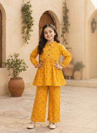 Sunehri Aangan – Mustard Printed Girls’ 2-Piece Peplum Set