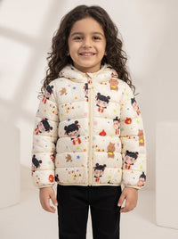 Kids Cream Cartoon Print Hooded Puffer Jacket