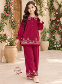 Girls Deep Red Embroidered Corduroy 2-Piece Suit