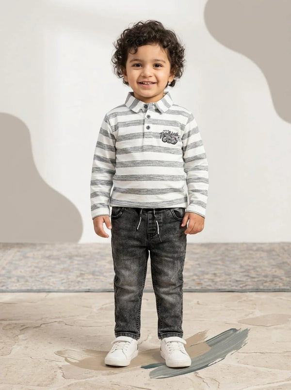 Boys White & Grey Long Sleeve Polo with Narrow Fit Jeans Set