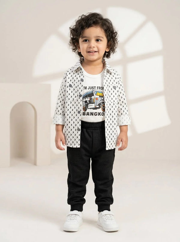 Boys White & Black Casual Shirt with Inner Tee & Trouser Set
