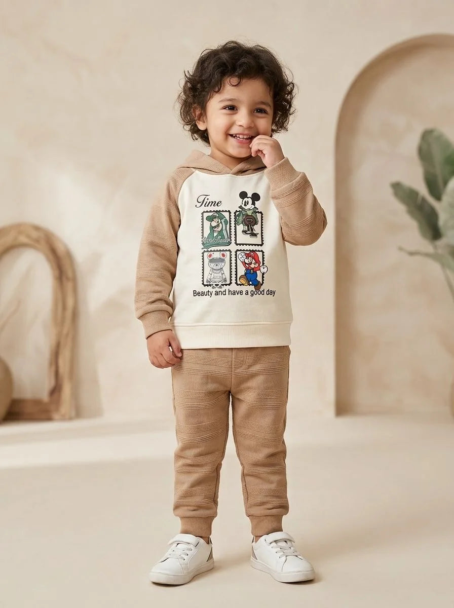 Boys Cream Graphic Hoodie with Matching Pants Set