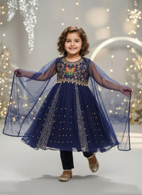 Girls Navy Blue Embroidered Net Party Frock