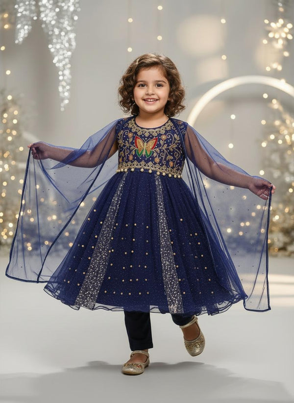 Girls Navy Blue Embroidered Net Party Frock