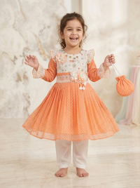 Girls Orange Floral Net Party Frock with 3D Flower Detail