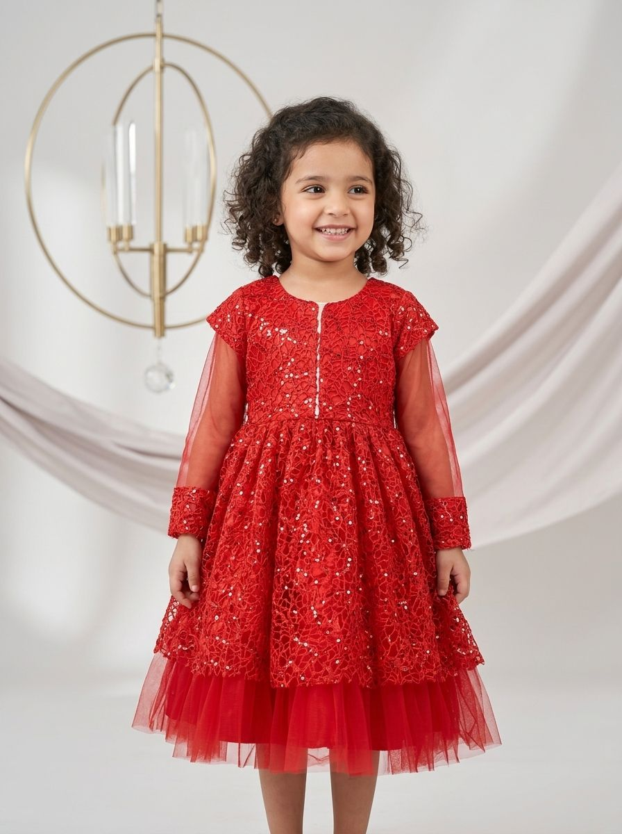 Girls Red Sequin Net Party Frock with Layered Tulle Skirt