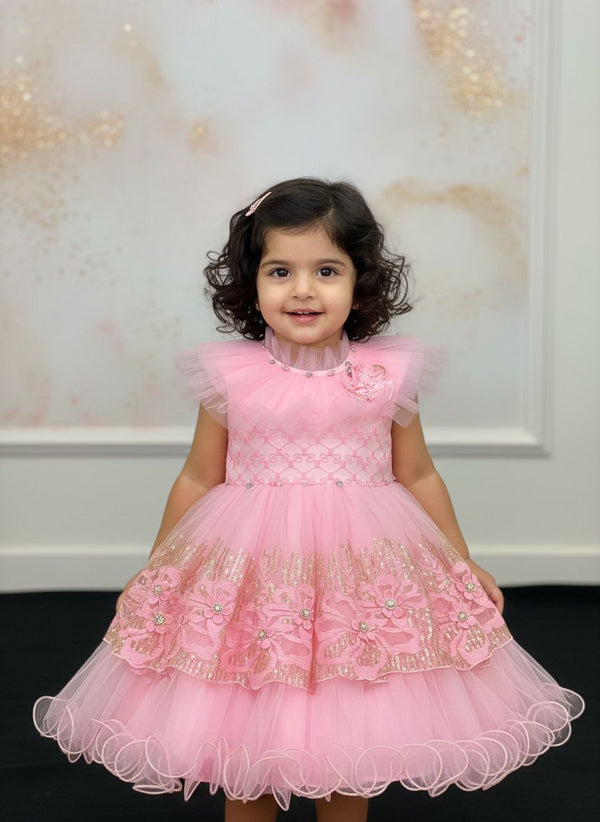 Girls Pink Floral Net Party Frock with Layered Tulle Skirt