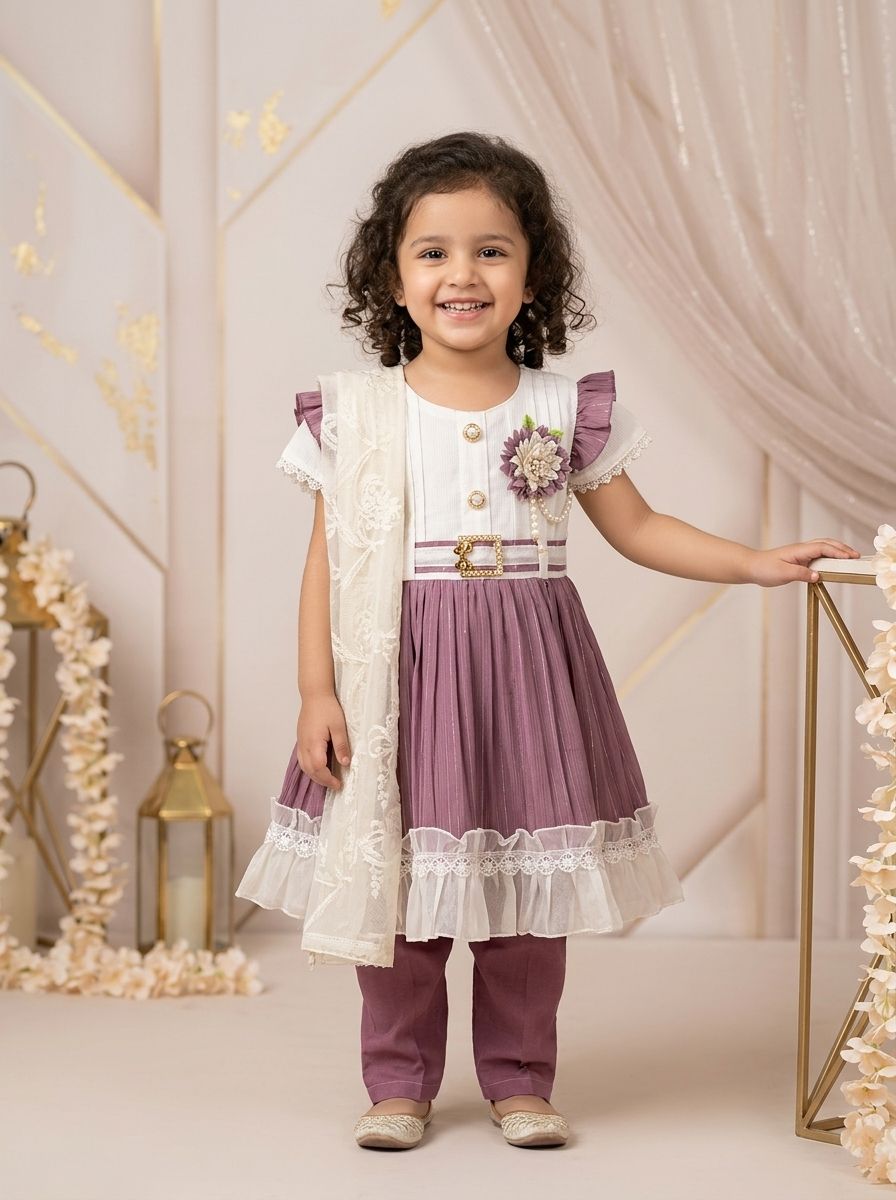 Girls Purple & White Crinkle Frock with Ruffle Lace Detail