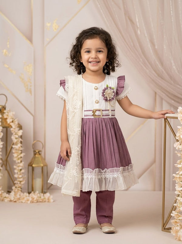 Girls Purple & White Crinkle Frock with Ruffle Lace Detail