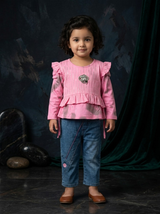 Girls Ruffle Top & Baggy Denim Pants 2 Piece Set
