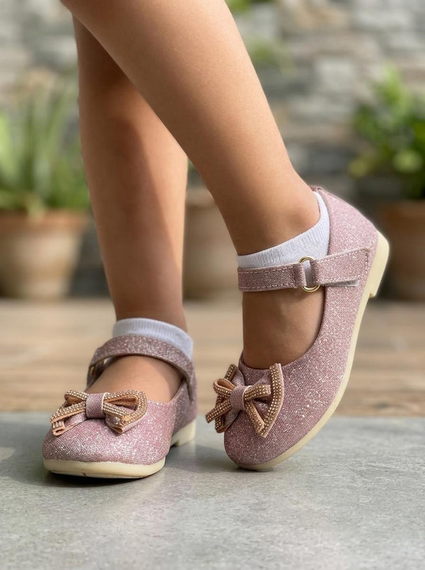Girls Pink Glitter Bow Mary Jane Shoes with Strap