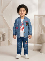 Boys Denim Style Jacket with Printed Tee & Jeans 3 Piece Outfit