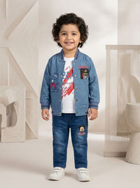 Boys Denim Style Jacket with Printed Tee & Jeans 3 Piece Outfit