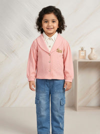 Girls Textured Jacket, Collared Inner Top & Denim Cargo Pants 3 Piece Outfit