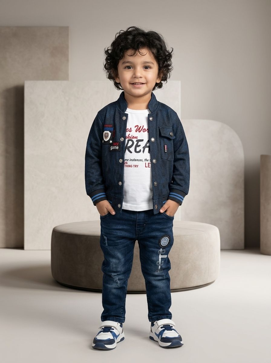 Boys Smart Jacket, Printed Tee & Jeans 3 Piece Outfit