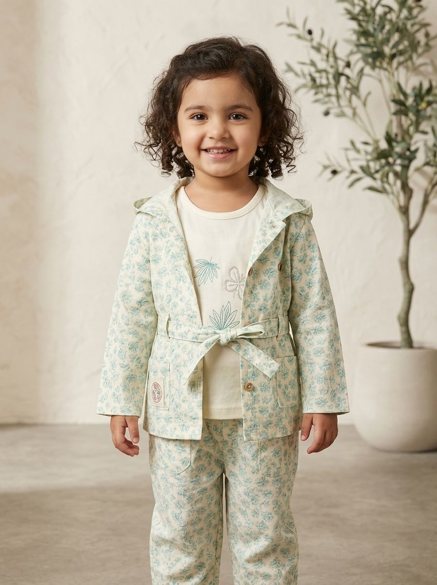 Girls Floral Jacket, Inner Top & Trouser 3 Piece Outfit