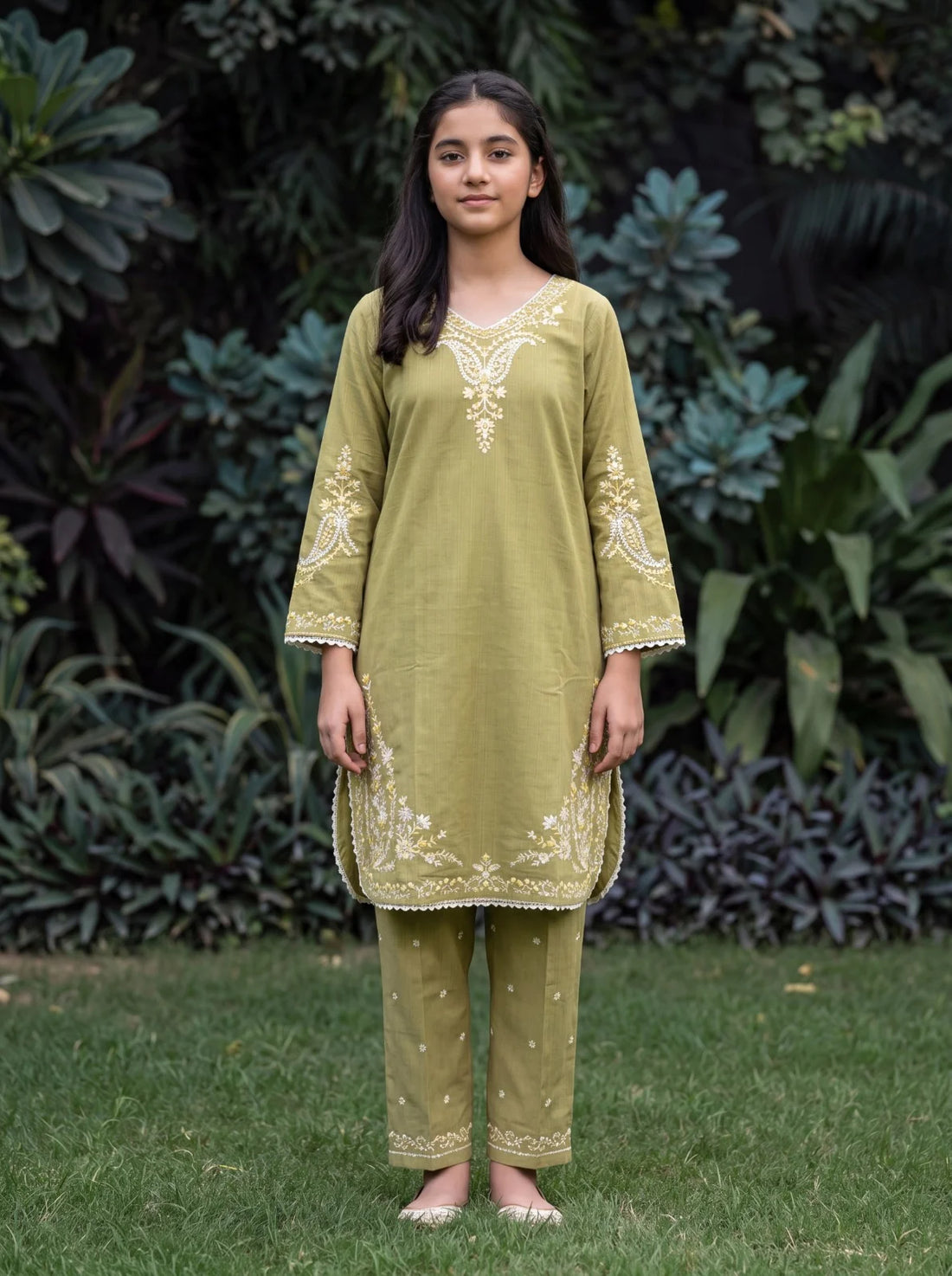 Girls Olive Green Embroidered Kurta & Trouser 2 Piece Suit