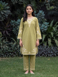 Girls Olive Green Embroidered Kurta & Trouser 2 Piece Suit