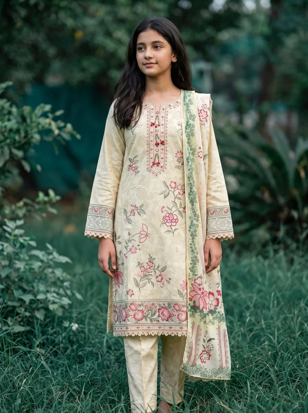 Girls Cream Yellow Kurta Trouser & Dupatta