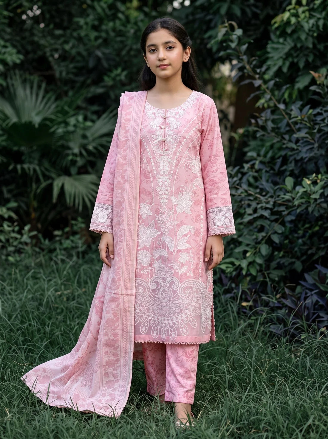 Girls Pink Floral Embroidered Kurta Trouser & Dupatta 3 Piece