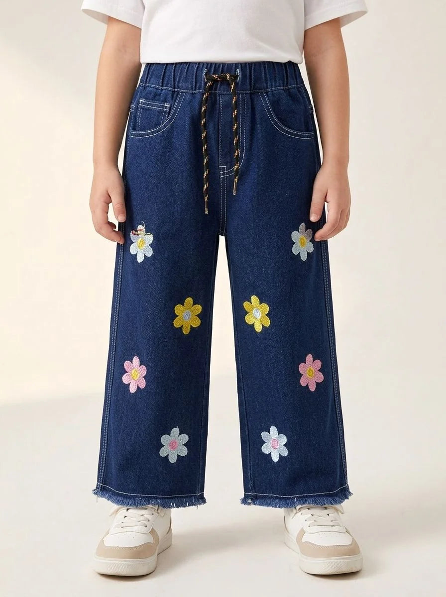 Girls Flower Printed Baggy Denim Jeans with Drawstring Waist