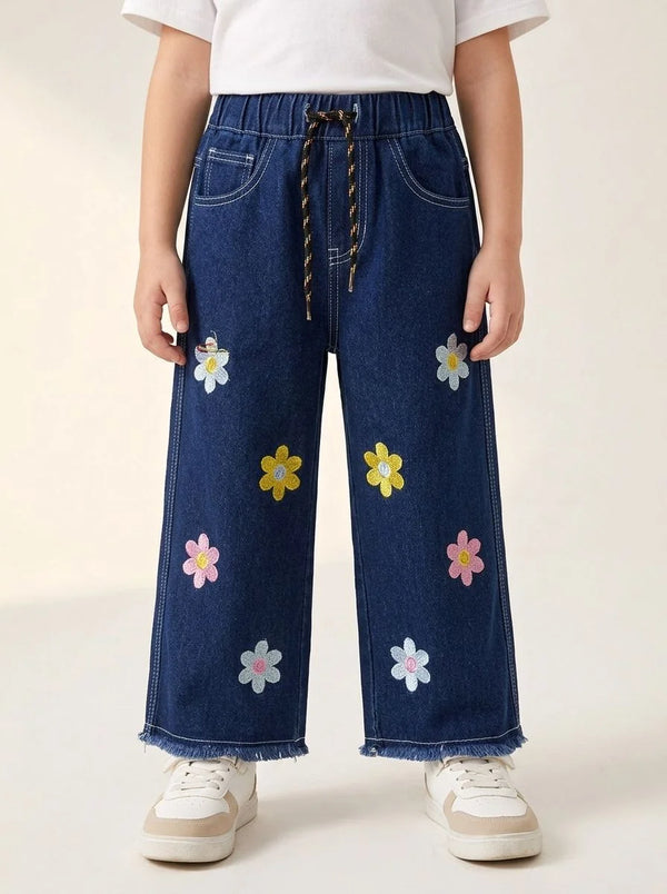 Girls Flower Printed Baggy Denim Jeans with Drawstring Waist