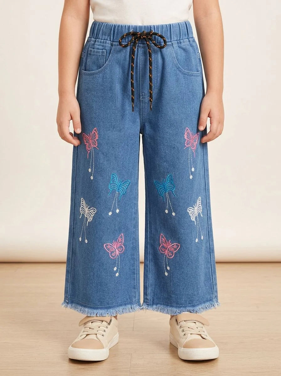Girls Butterfly Design Baggy Denim Jeans with Drawstring Waist