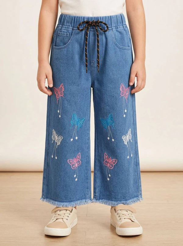 Girls Butterfly Design Baggy Denim Jeans with Drawstring Waist