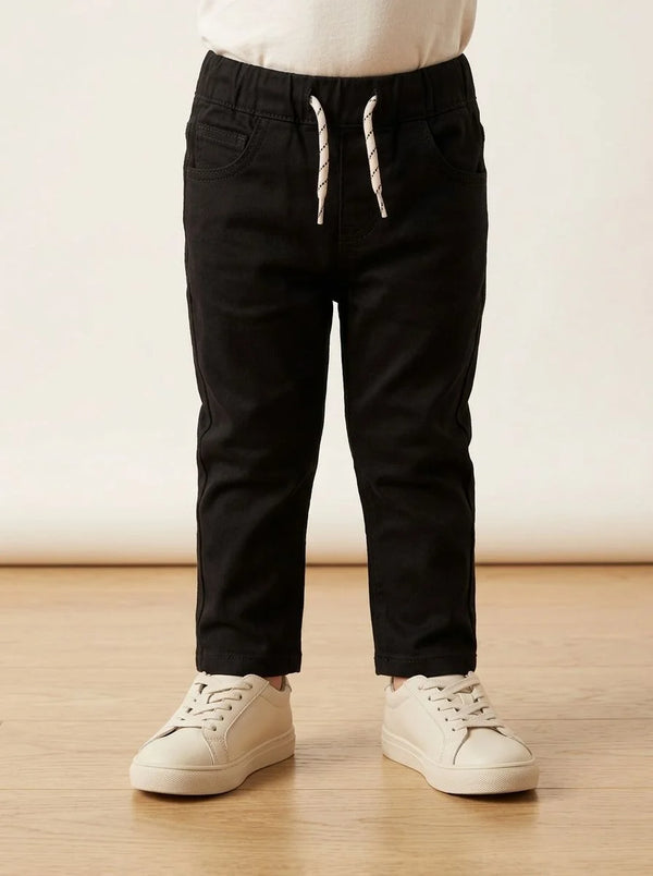 Boys Black Casual Pants with Elastic Waist & Drawstring