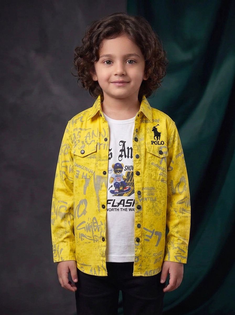 Boys Crinkle Cotton Printed Overshirt with Sleeveless Inner Top 2 Piece Set