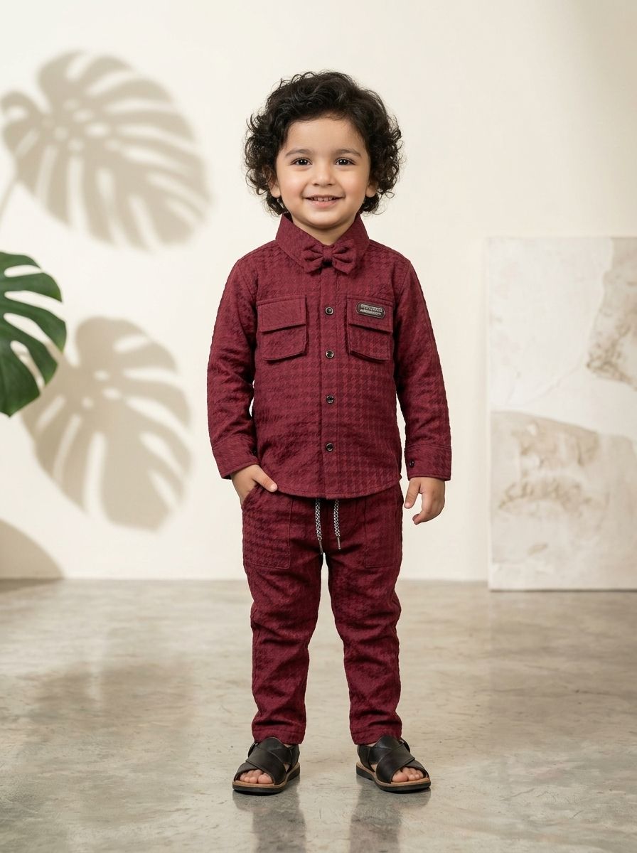 Boys Red Textured Shirt & Trouser 2-Piece Set
