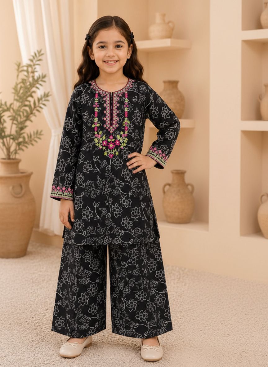 Gul-e-Shab – Black Floral Embroidered Girls’ 2-Piece Set