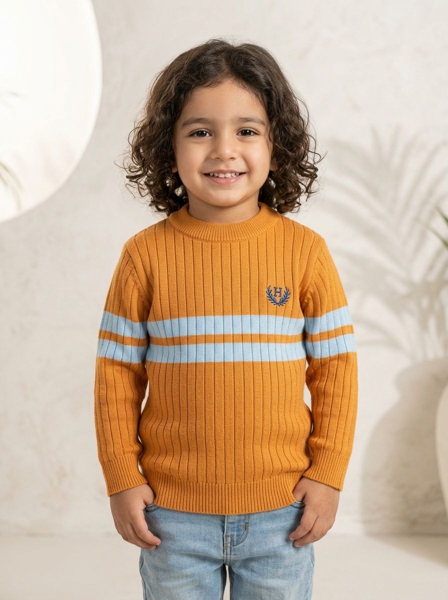 Kids Mustard & Blue Striped Knitted Sweater