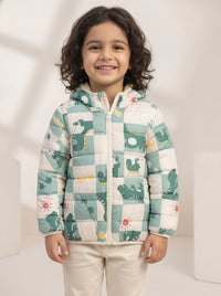 Kids Mint Green & White Dinosaur Print Hooded Puffer Jacket
