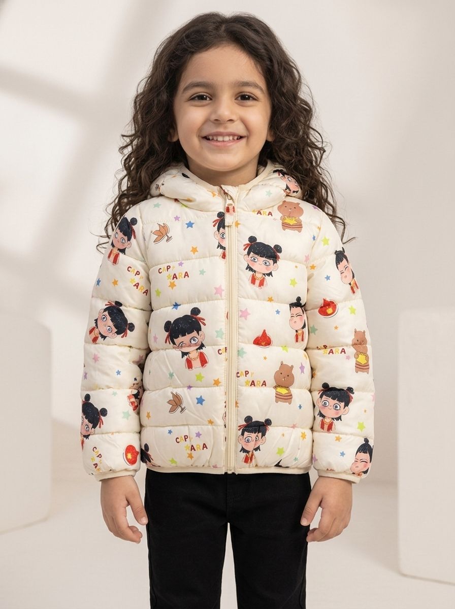 Kids Cream Cartoon Print Hooded Puffer Jacket