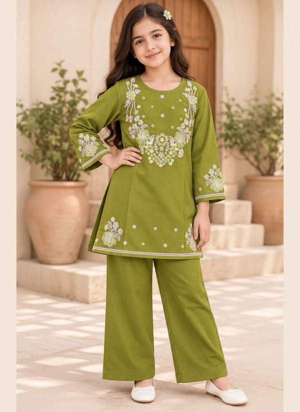 Girls Olive Green Embroidered Corduroy 2-Piece Suit
