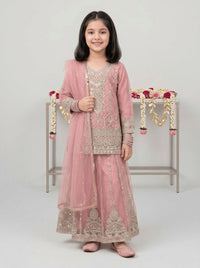 Girls Pink Embroidered Net 3-Piece Party Dress