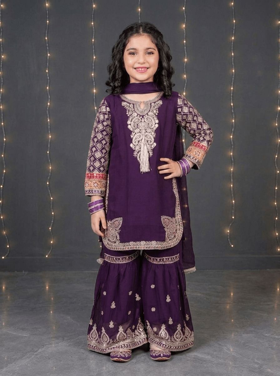 Maganda Purple Embroidered Chiffon Gharara Suit for Girls