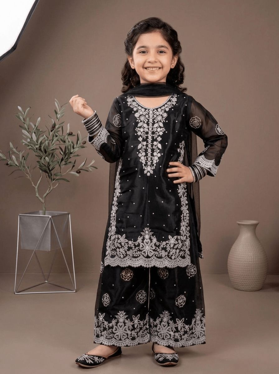 Girls Black Embroidered 3-Piece Suit – Shesha Silk