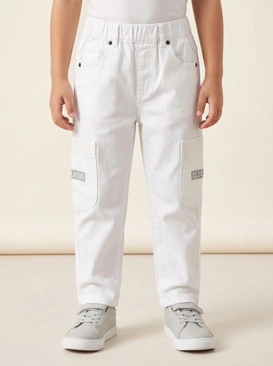 Boys White Casual Cargo Pants with Utility Pockets