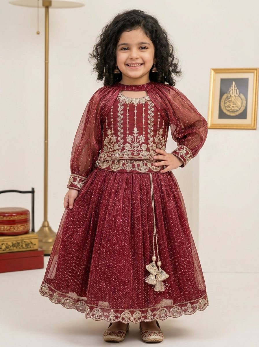 Maroon Embroidered Lehenga Frock for Girls