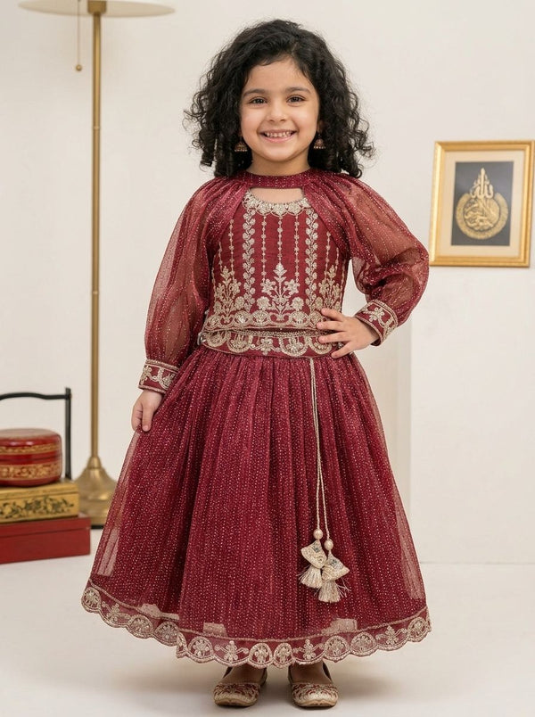 Maroon Embroidered Lehenga Frock for Girls