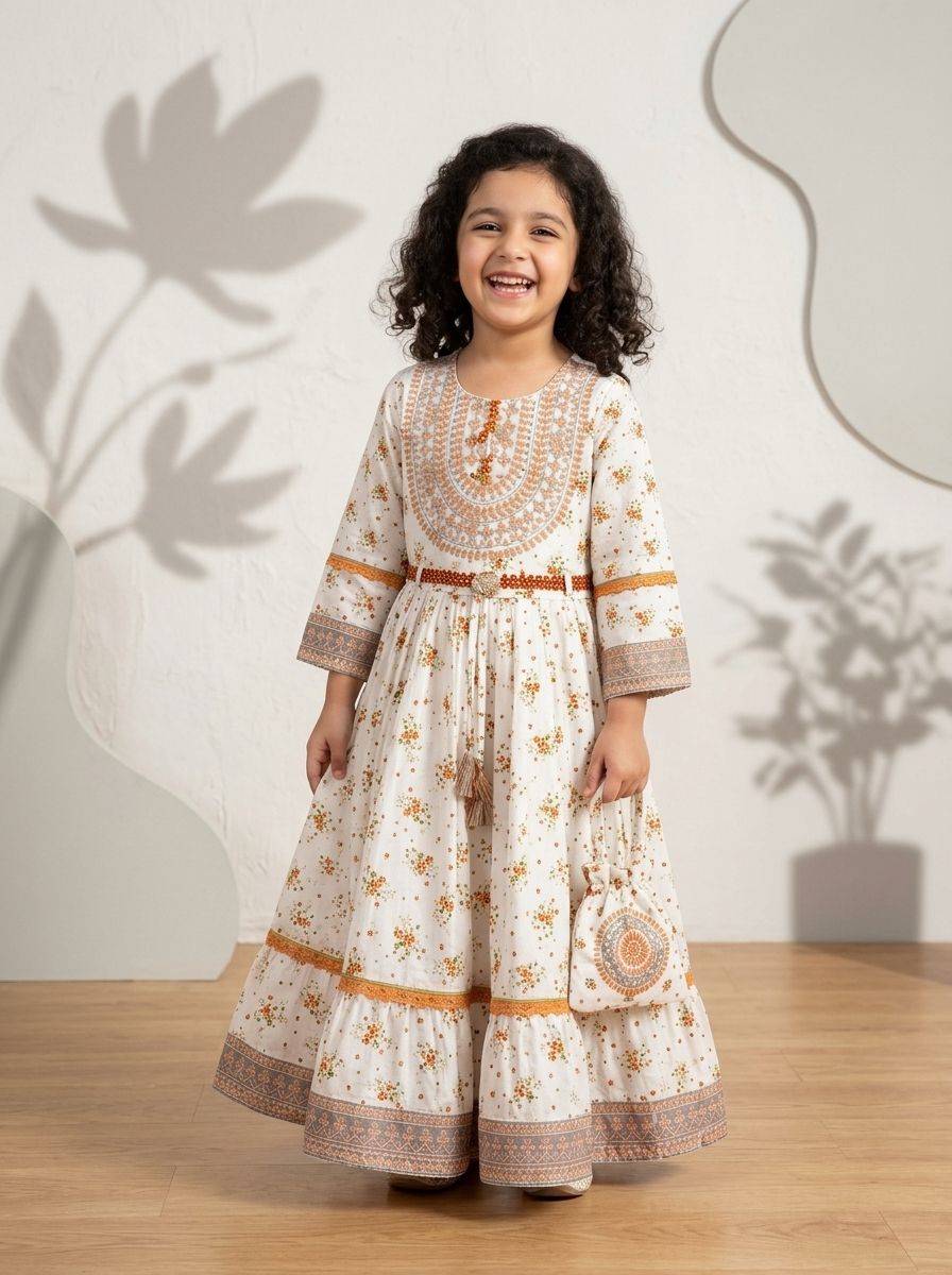 Girls Premium  Maxi Dress with Gold Embroidery